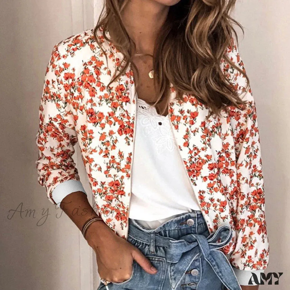 Amy Fashion - Floral Printed Elegant Zipper Bomber Coat