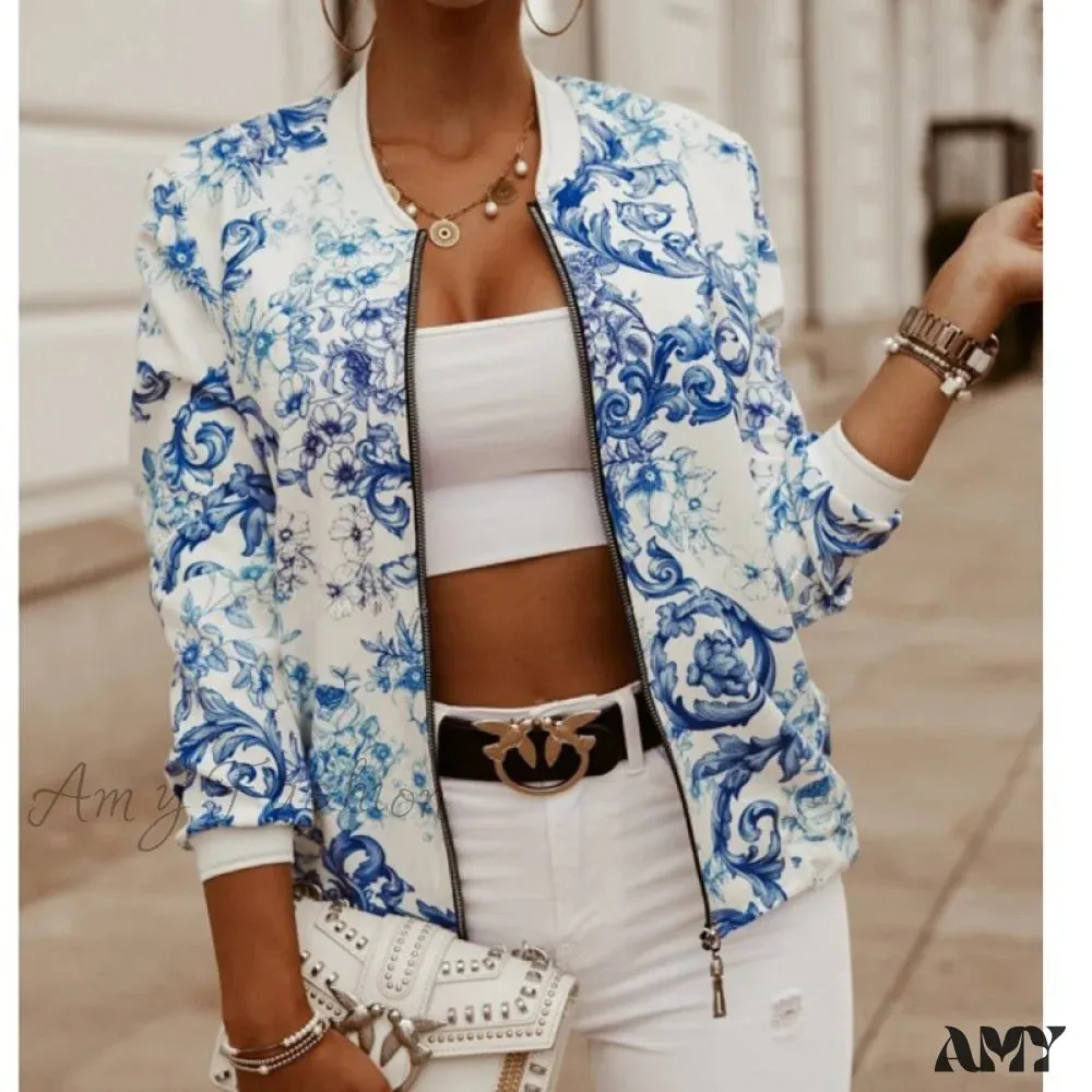 Amy Fashion - Floral Printed Elegant Zipper Bomber Coat