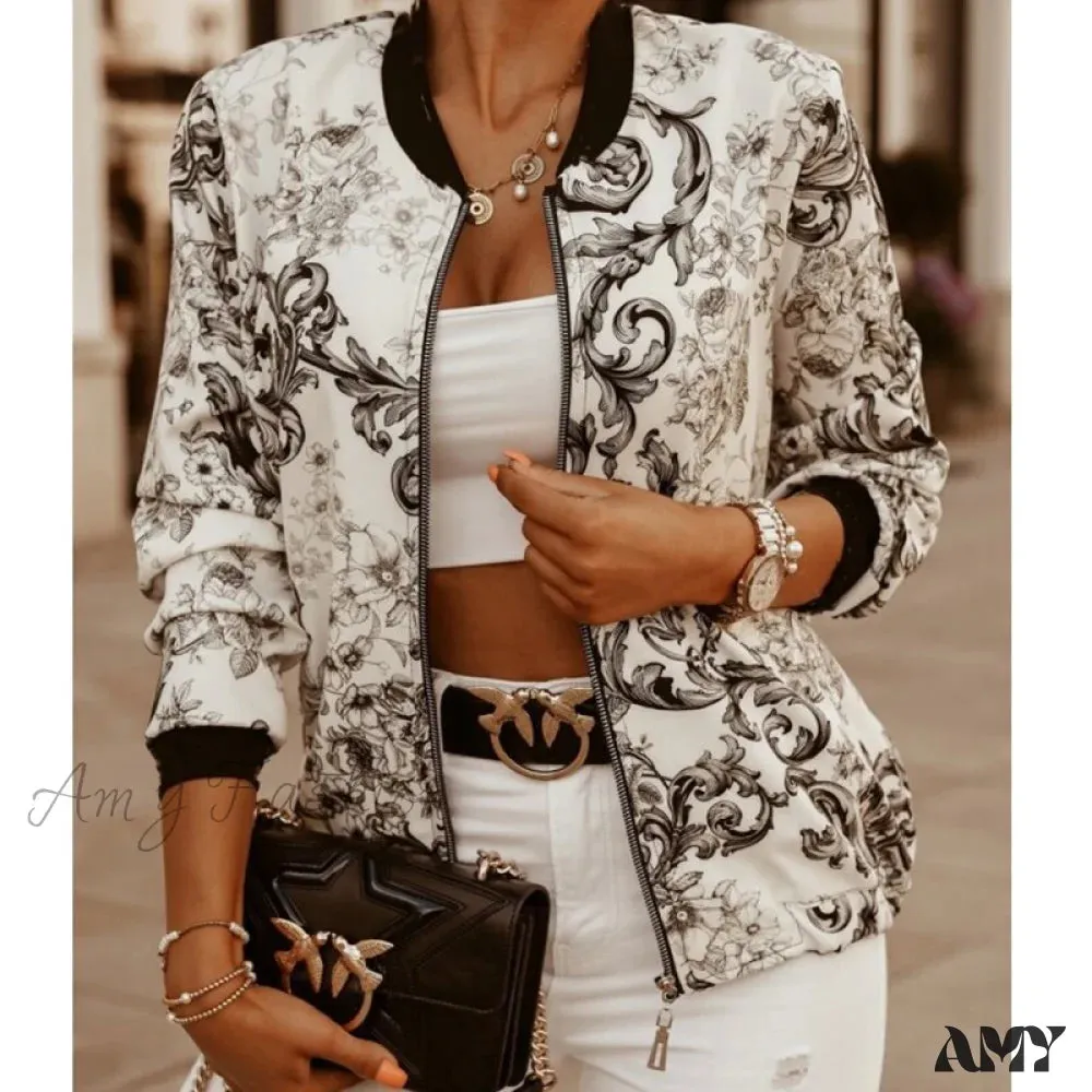 Amy Fashion - Floral Printed Elegant Zipper Bomber Coat