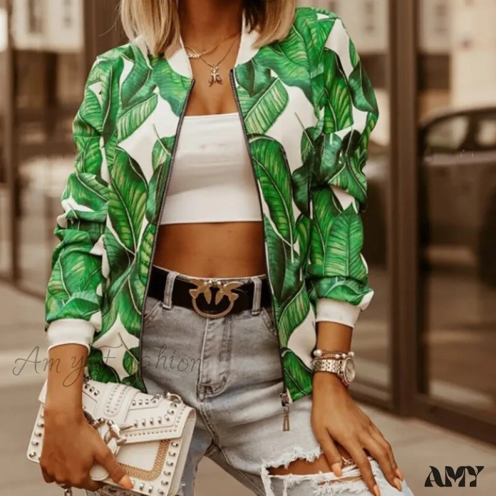 Amy Fashion - Floral Printed Elegant Zipper Bomber Coat