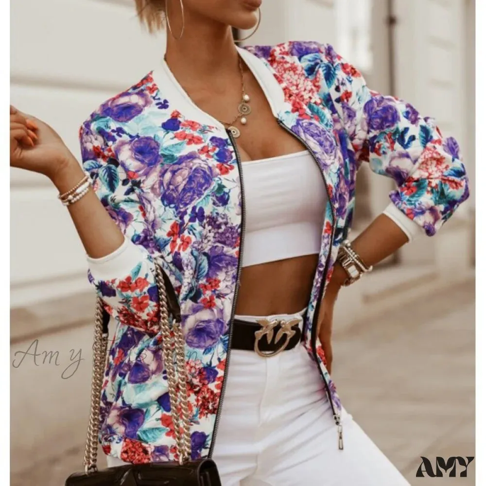 Amy Fashion - Floral Printed Elegant Zipper Bomber Coat