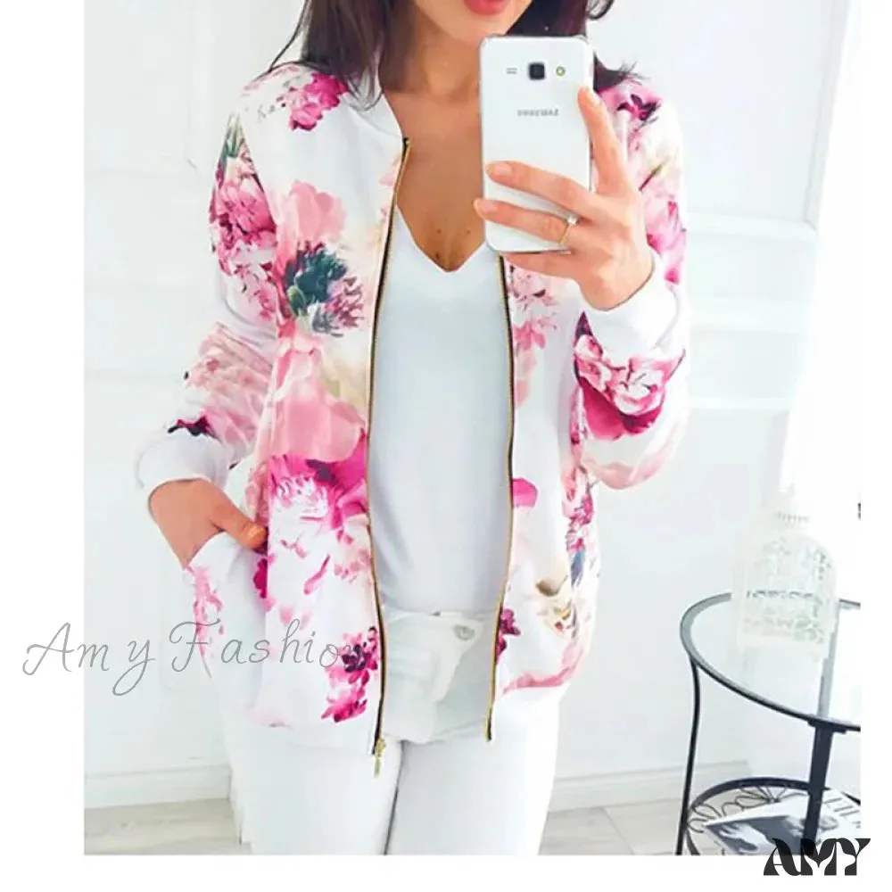 Amy Fashion - Floral Printed Elegant Zipper Bomber Coat