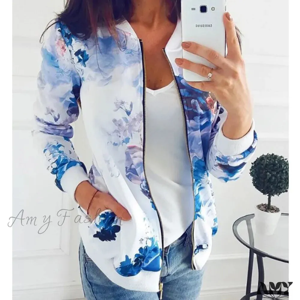 Amy Fashion - Floral Printed Elegant Zipper Bomber Coat