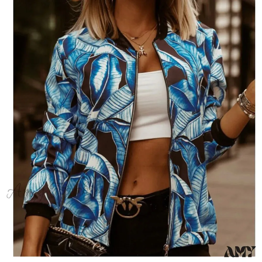 Amy Fashion - Floral Printed Elegant Zipper Bomber Coat