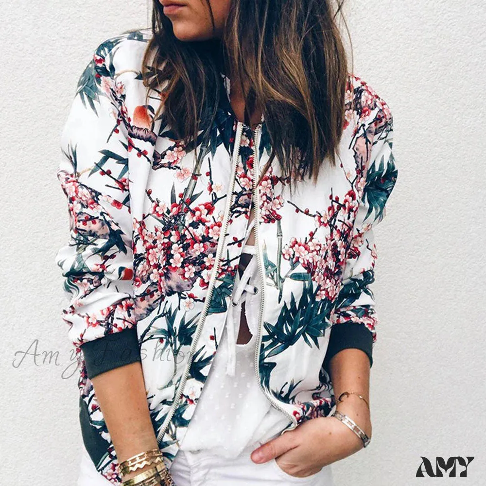 Amy Fashion - Floral Printed Elegant Zipper Bomber Coat