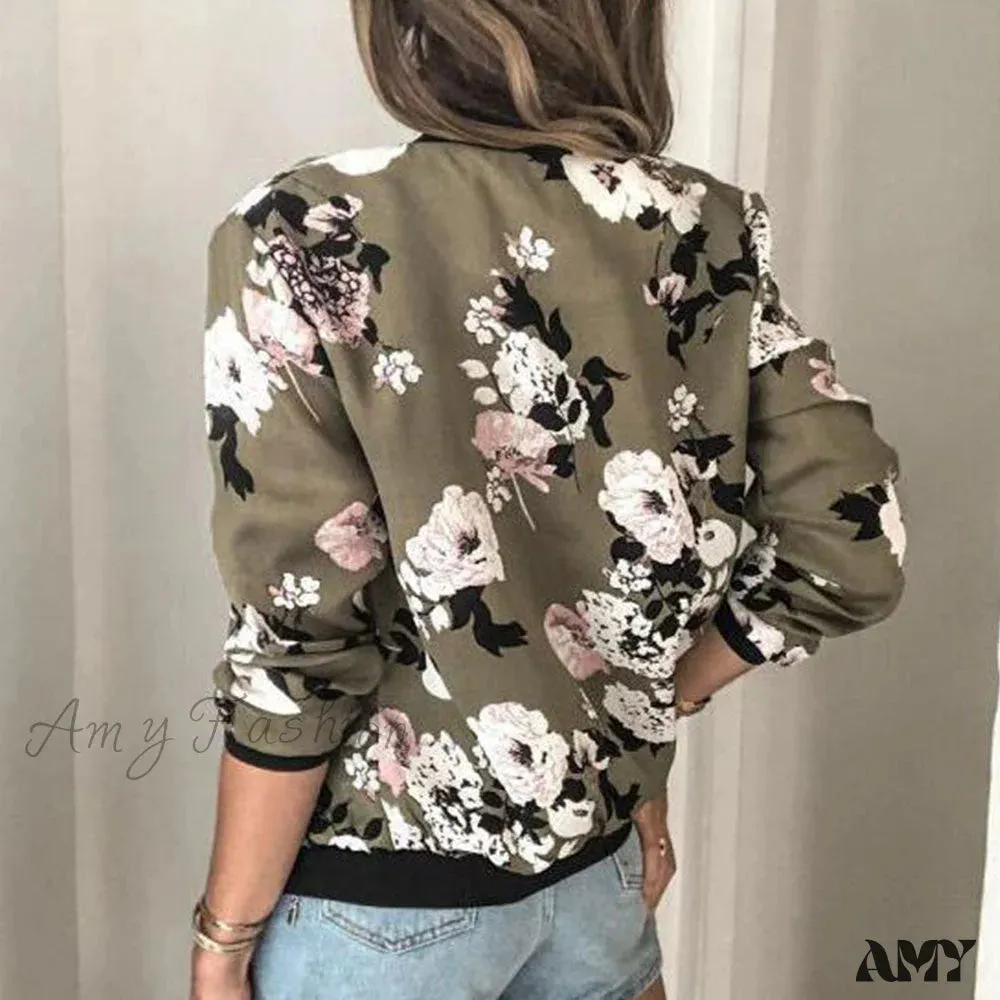 Amy Fashion - Floral Printed Elegant Zipper Bomber Coat