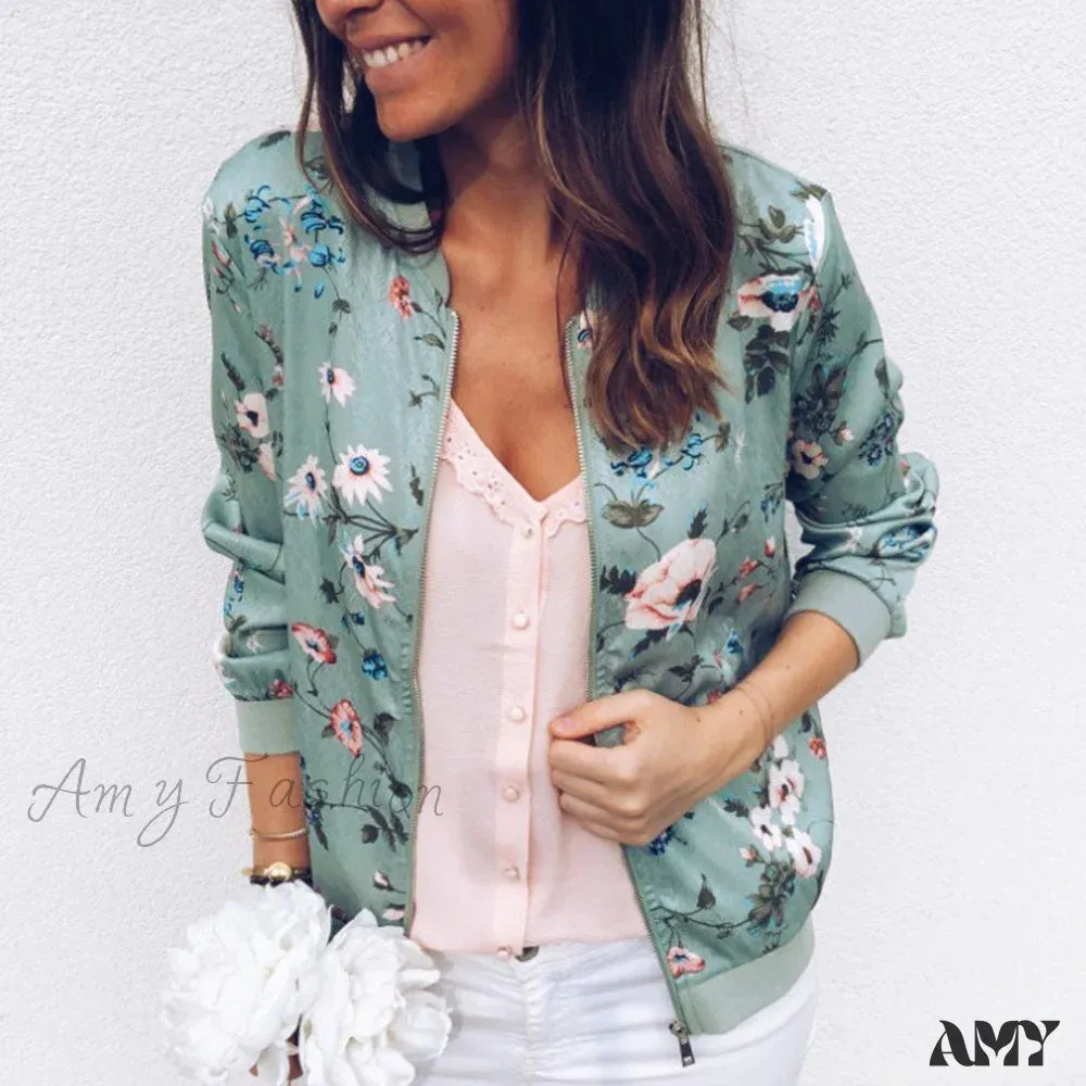 Amy Fashion - Floral Printed Elegant Zipper Bomber Coat