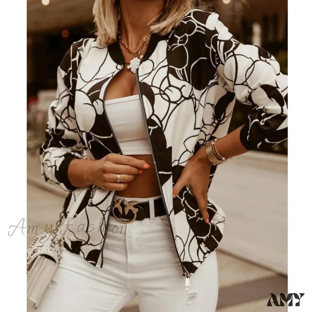 Amy Fashion - Floral Printed Elegant Zipper Bomber Coat