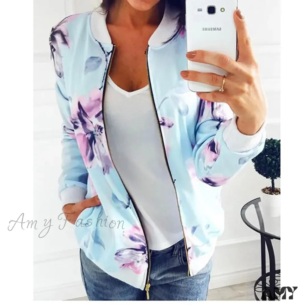 Amy Fashion - Floral Printed Elegant Zipper Bomber Coat