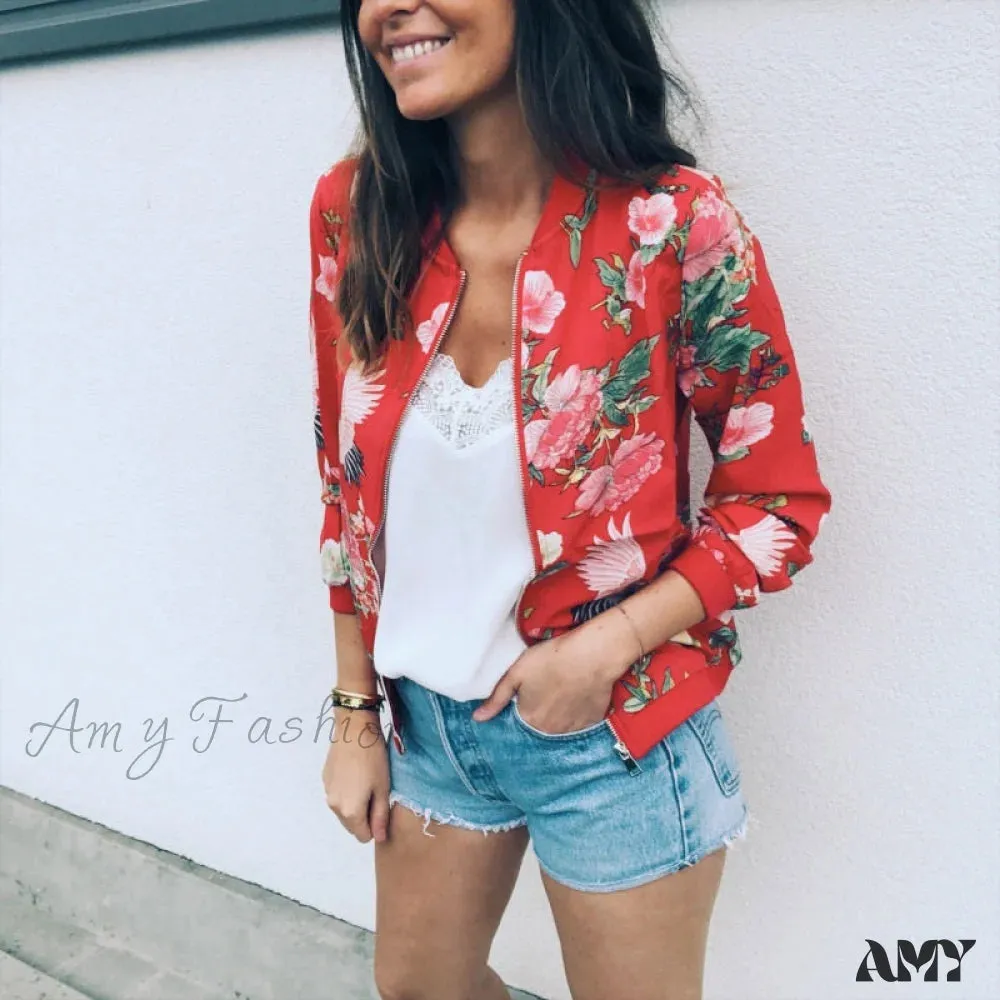 Amy Fashion - Floral Printed Elegant Zipper Bomber Coat