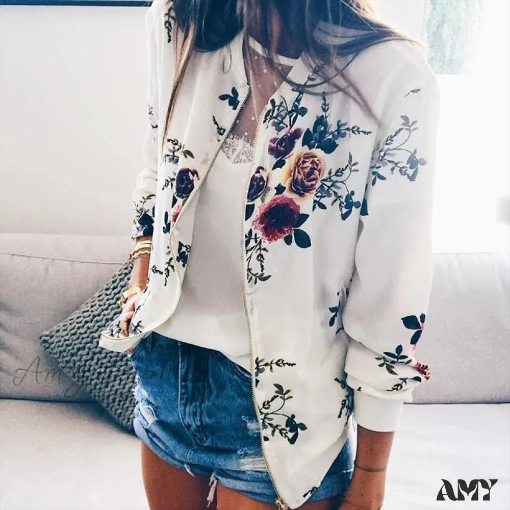 Amy Fashion - Floral Printed Elegant Zipper Bomber Coat