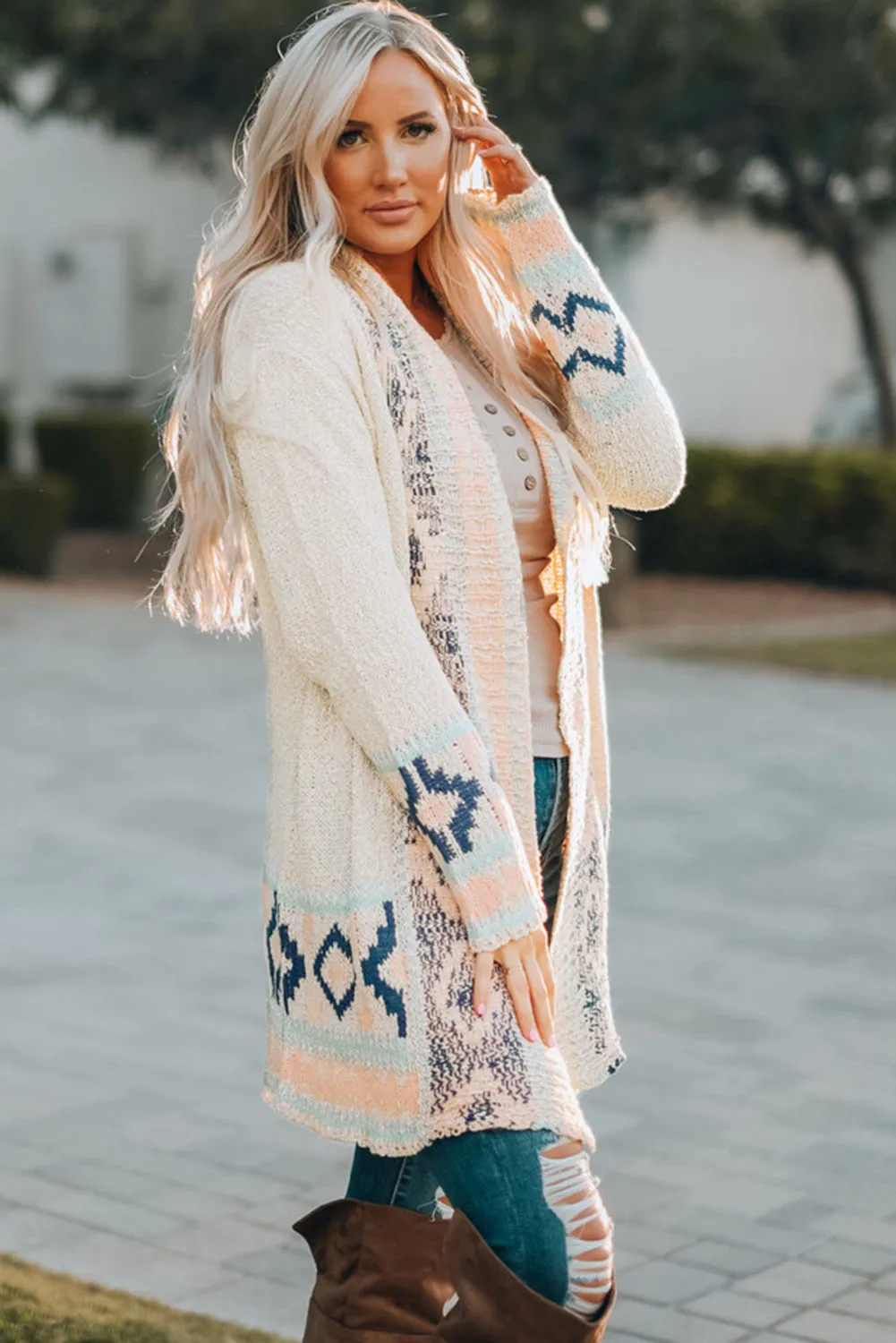 Apricot  Aztec Print Open Front Cardigan