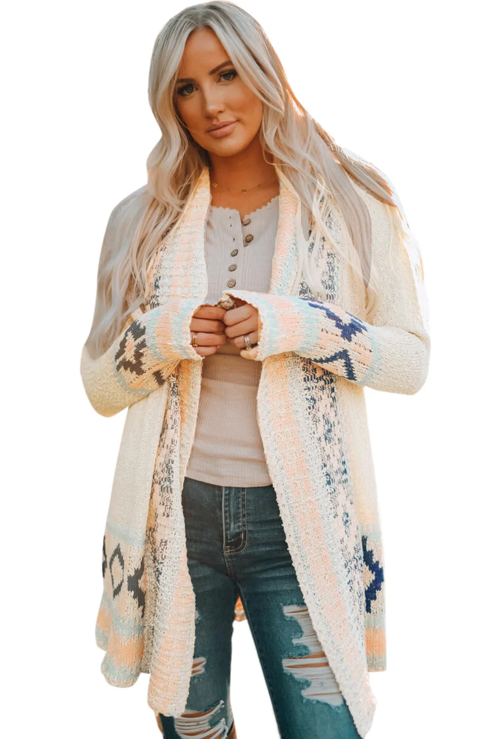 Apricot  Aztec Print Open Front Cardigan