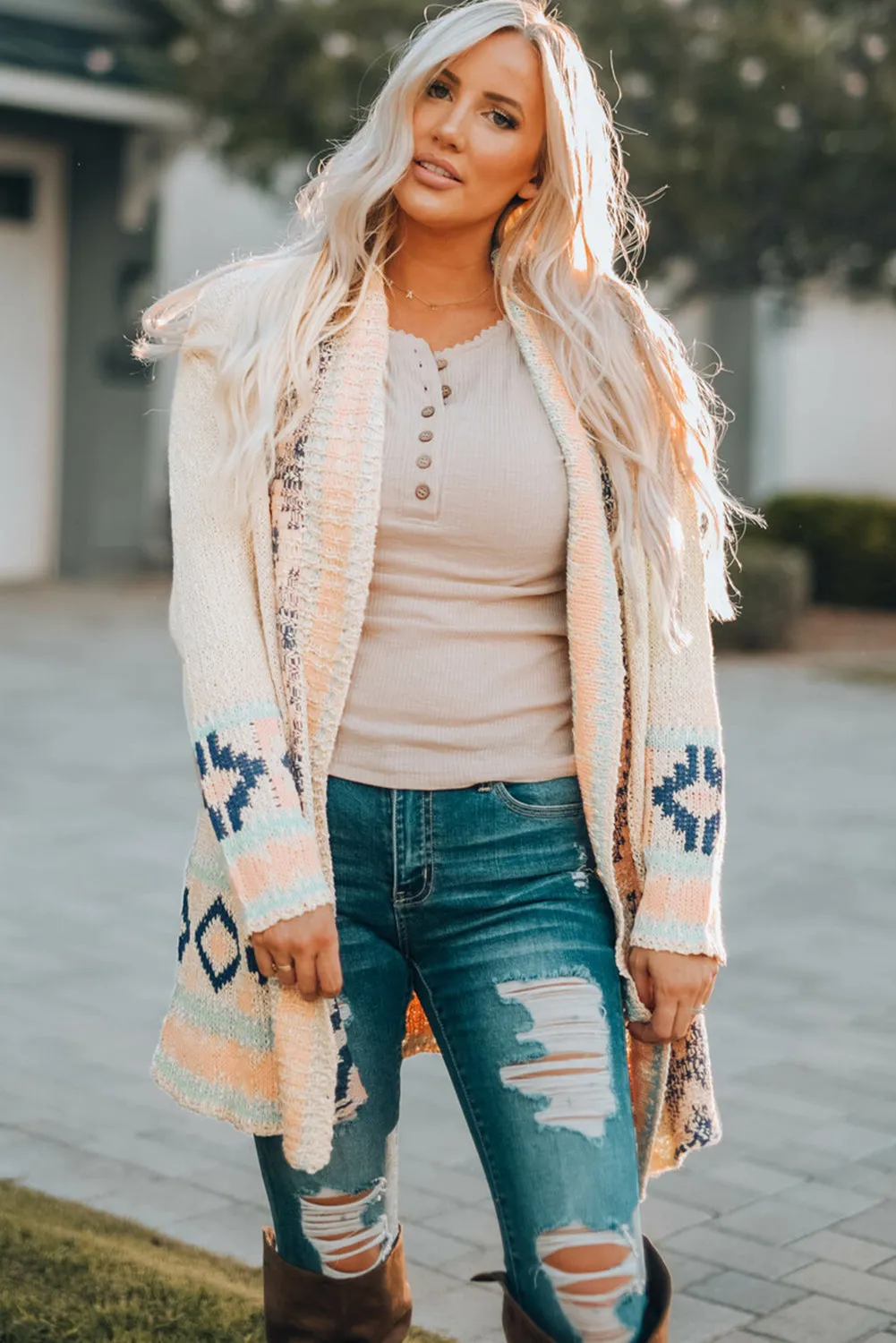 Apricot  Aztec Print Open Front Cardigan