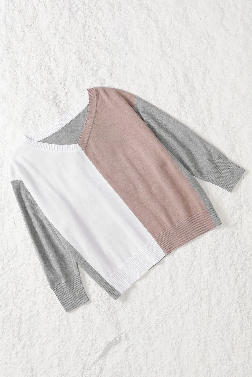 Apricot V-Neck Color Block Loose Sweater