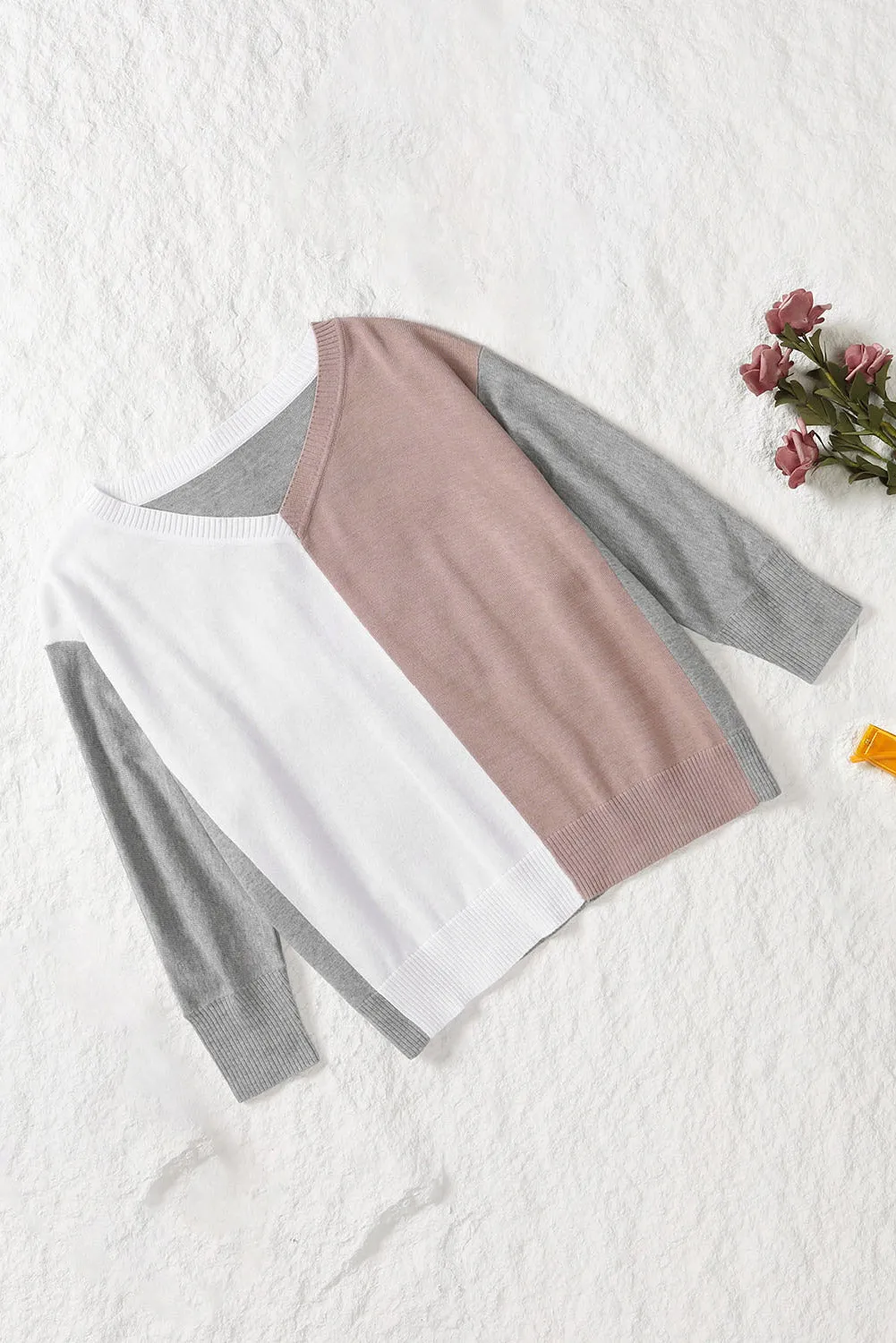 Apricot V-Neck Color Block Loose Sweater