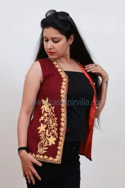 Attractive Maroon Colour Waist Coat With Kashmiri Embroidery Smarten Up Your Personality.