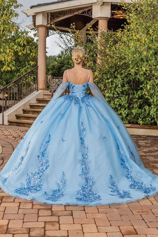 Bahama Blue Capelet Sweetheart Sequin Embroidery Ball Gown