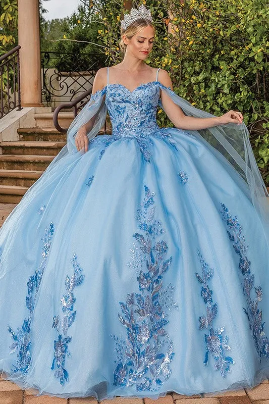 Bahama Blue Capelet Sweetheart Sequin Embroidery Ball Gown