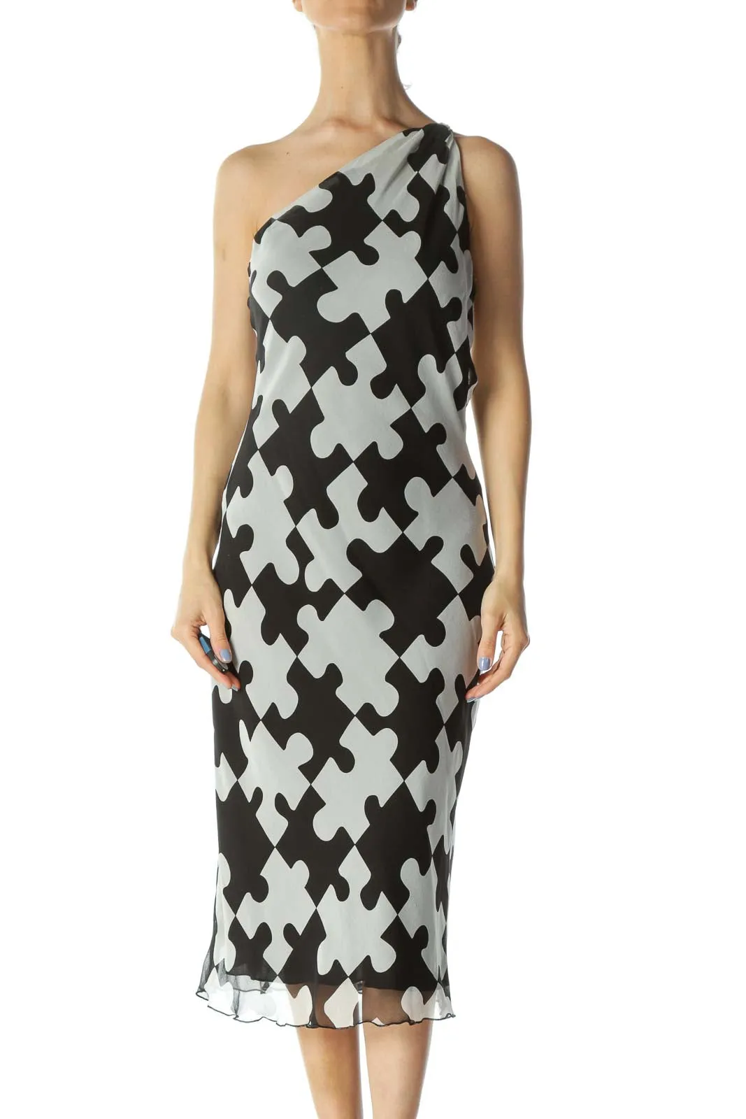 Black/White 100% Silk Puzzle-Print Knot-Detail Light Dress