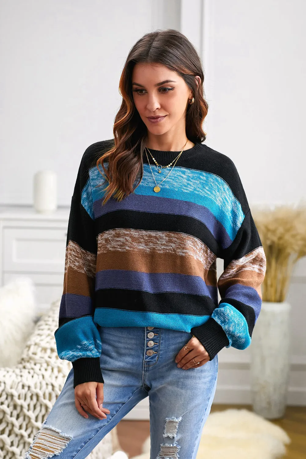 Blue Color Block Highlight Balloon Sleeve Sweater