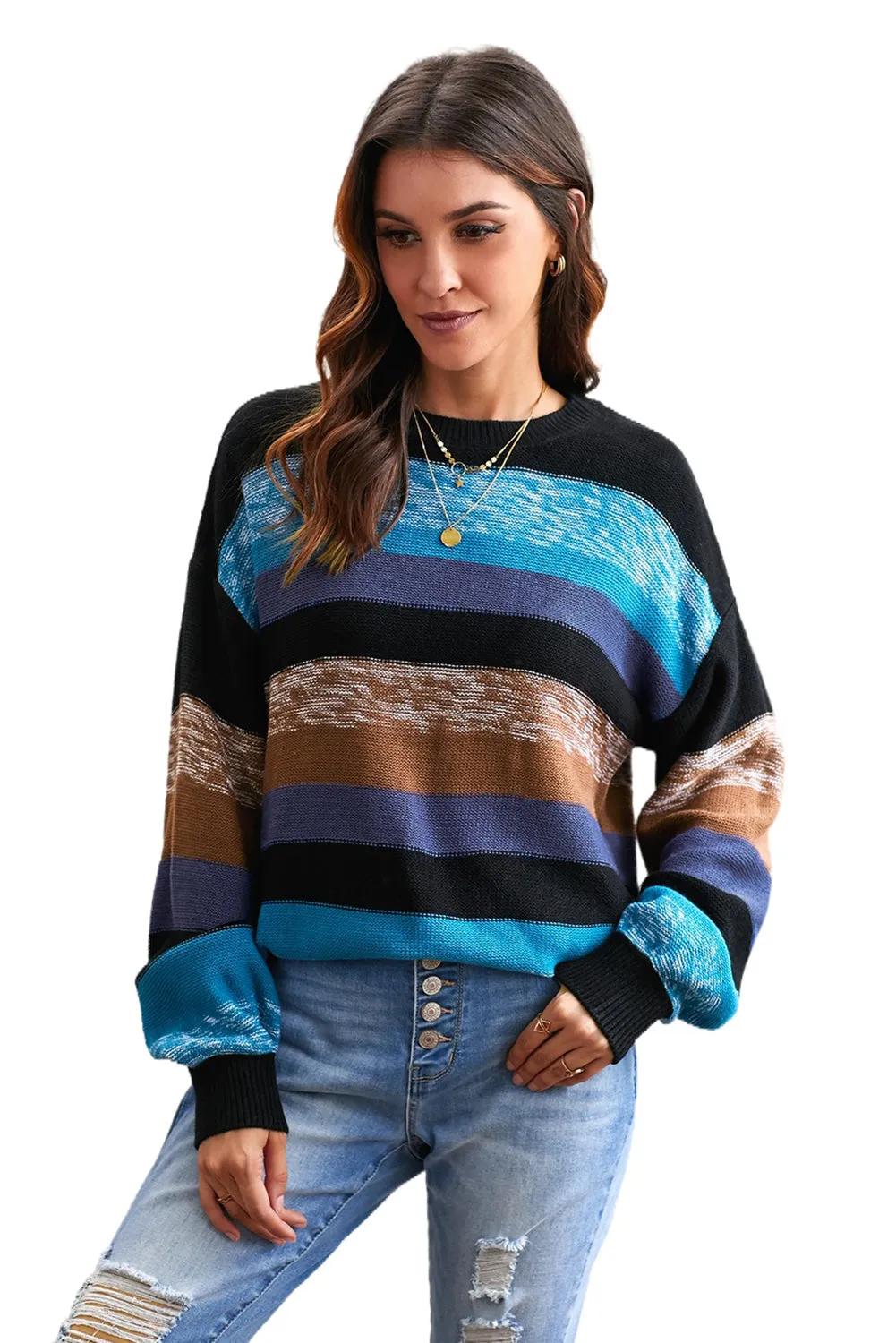 Blue Color Block Highlight Balloon Sleeve Sweater