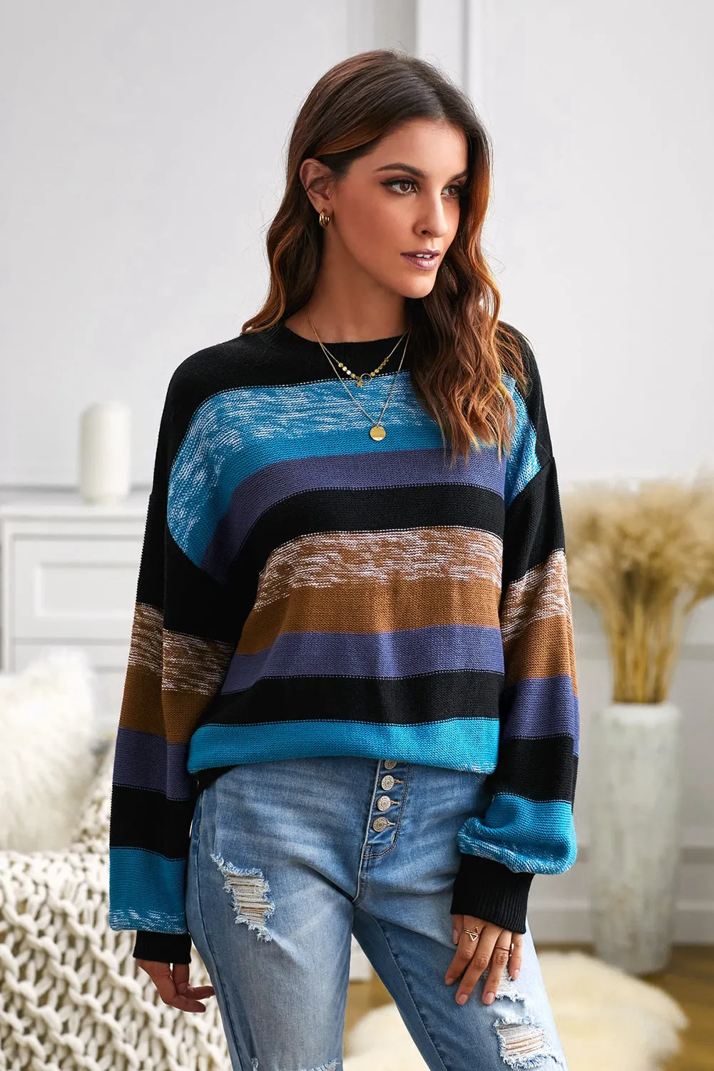 Blue Color Block Highlight Balloon Sleeve Sweater