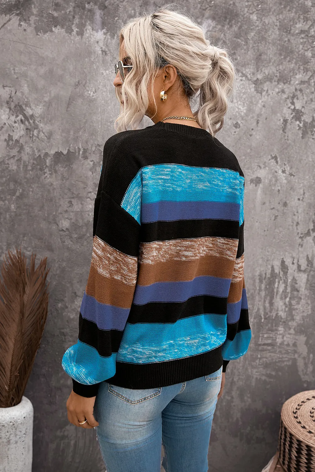 Blue Color Block Highlight Balloon Sleeve Sweater