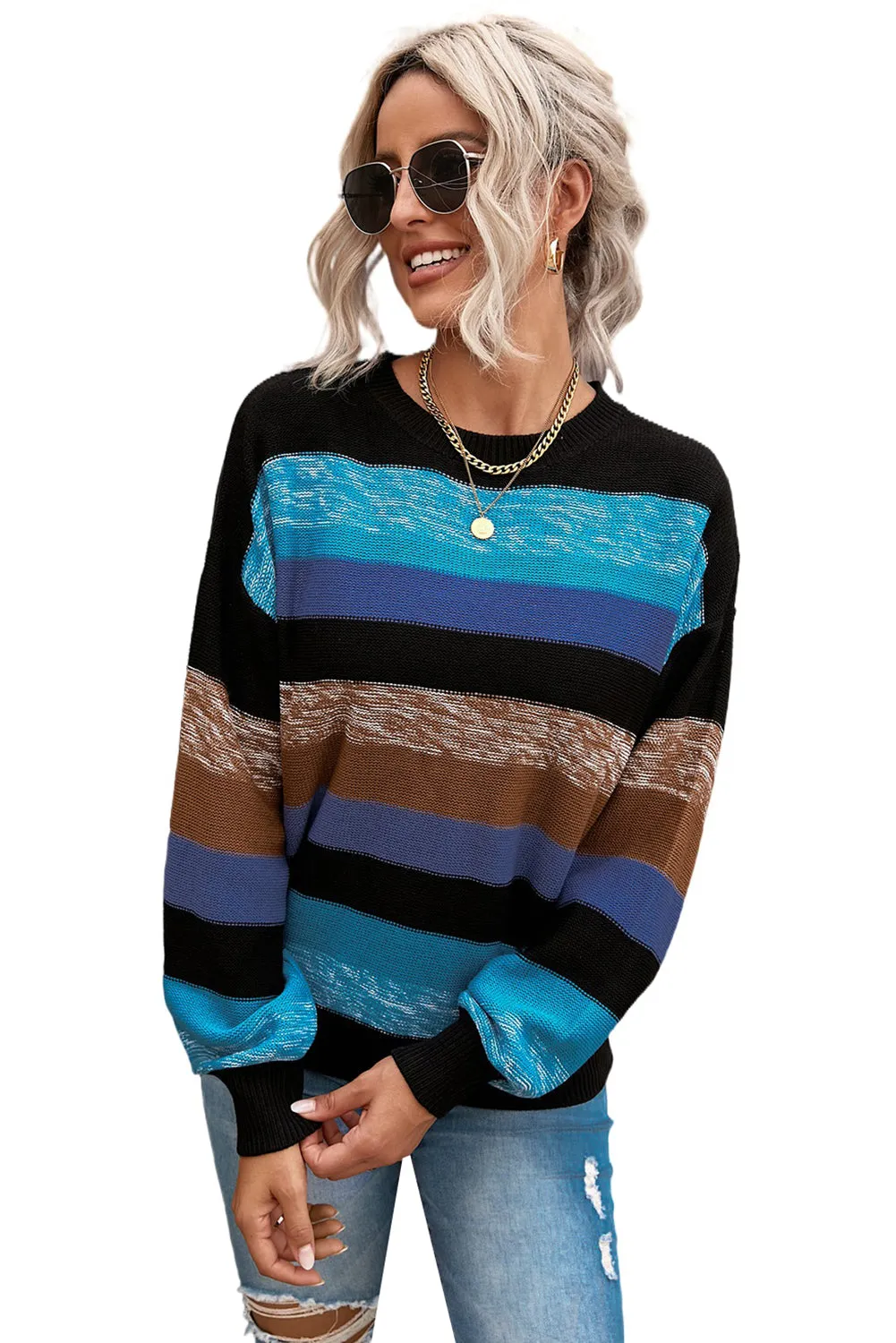 Blue Color Block Highlight Balloon Sleeve Sweater