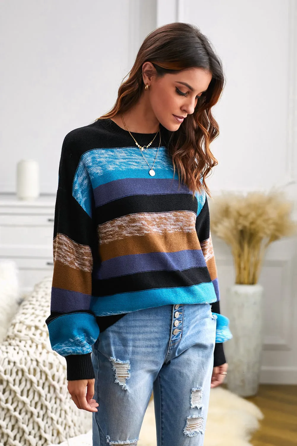 Blue Color Block Highlight Balloon Sleeve Sweater