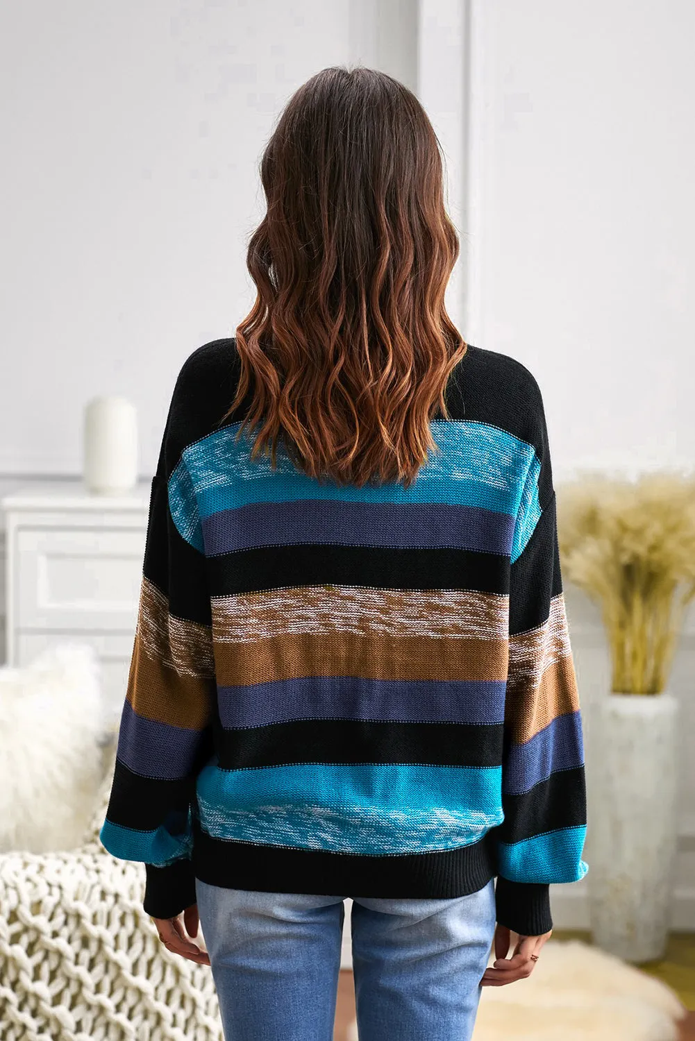 Blue Color Block Highlight Balloon Sleeve Sweater