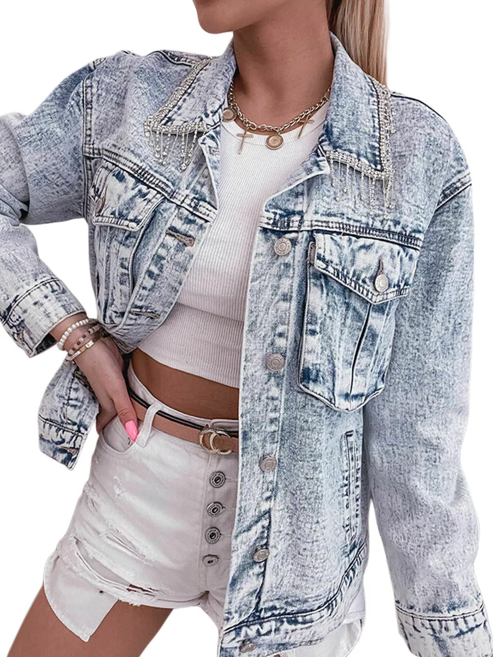 Blue Mist Rhinestone Embellished Fringed Denim Jacket