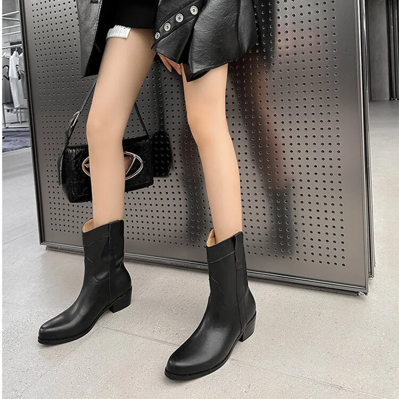 Classic Elegant Ankle Boots with 100% Leather Lining Mid Heel Western Boots in Black/Brown