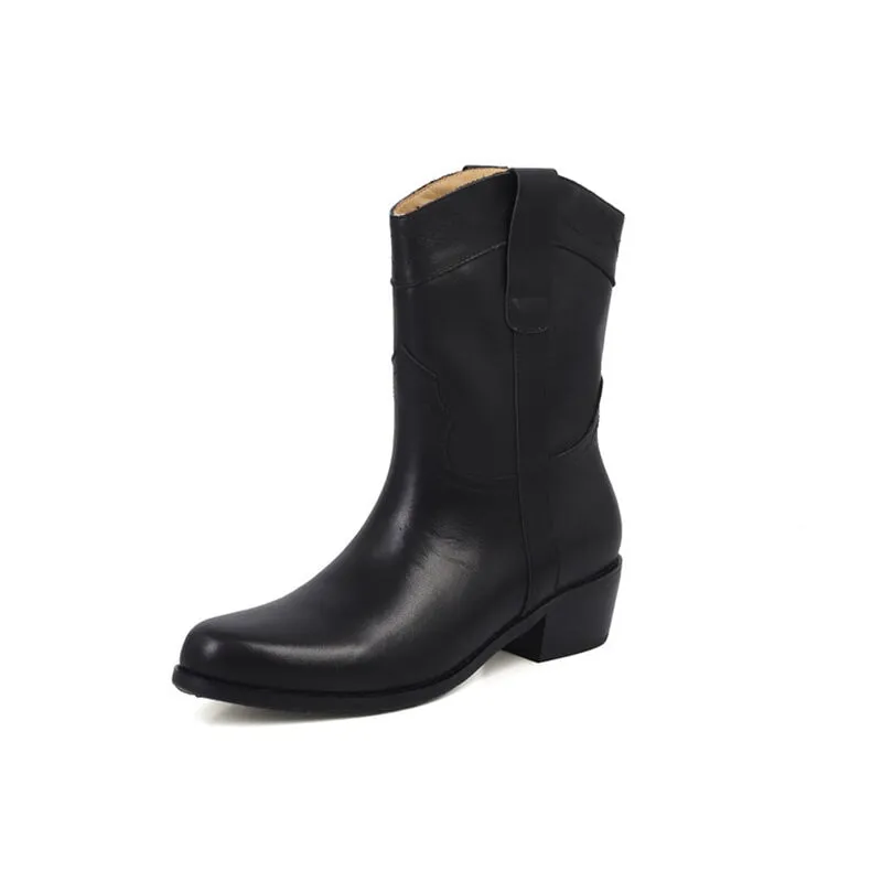 Classic Elegant Ankle Boots with 100% Leather Lining Mid Heel Western Boots in Black/Brown