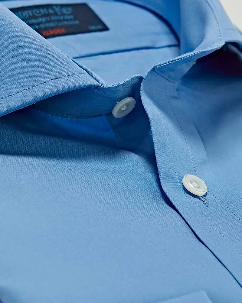 Classic Fit Plain Blue Cotton Poplin Shirt with Cut-away Collar & Double Cuff