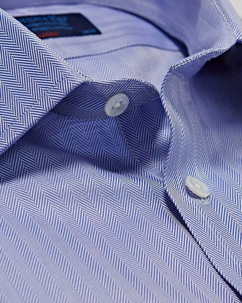 Classic Fit Plain Mid Blue Herringbone Cotton Shirt with Classic Collar & Double Cuff