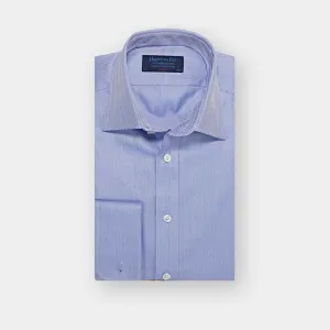 Classic Fit Plain Mid Blue Herringbone Cotton Shirt with Classic Collar & Double Cuff