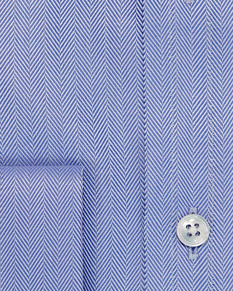 Classic Fit Plain Mid Blue Herringbone Cotton Shirt with Classic Collar & Double Cuff