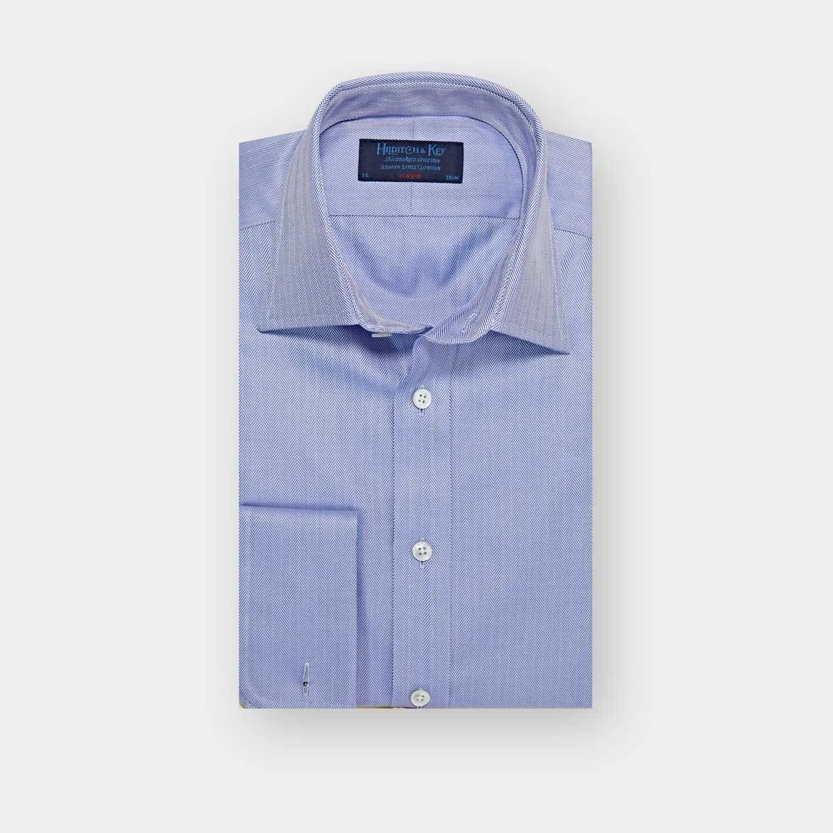 Classic Fit Plain Mid Blue Herringbone Cotton Shirt with Classic Collar & Double Cuff