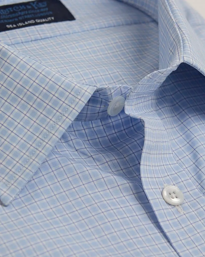 Contemporary Fit, Classic Collar, 2 Button Cuff Shirt in a Blue, White & Navy Check Sea Island Quality Poplin Cotton