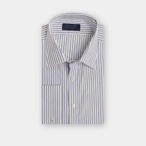 Contemporary Fit, Classic Collar, Double Cuff Shirt In White With Navy Fine Pin Stripe