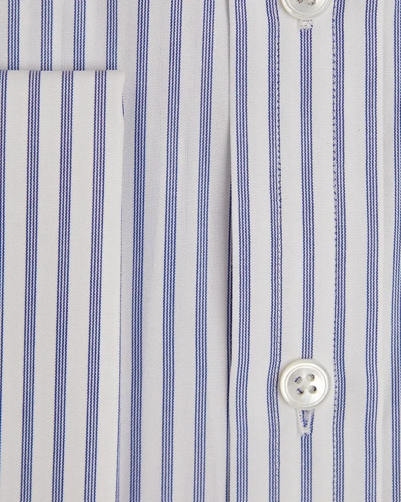 Contemporary Fit, Classic Collar, Double Cuff Shirt In White With Navy Fine Pin Stripe