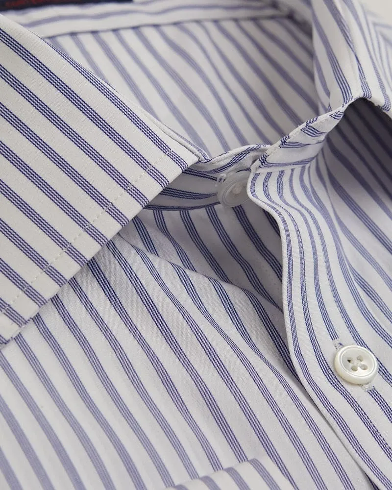 Contemporary Fit, Classic Collar, Double Cuff Shirt In White With Navy Fine Pin Stripe