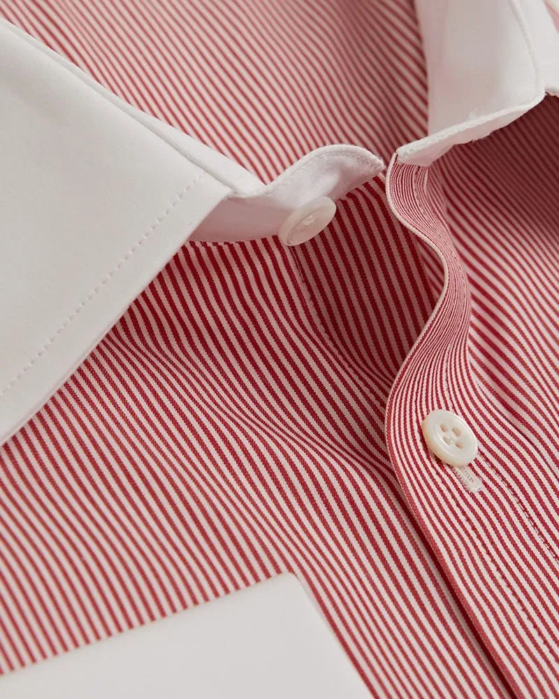 Contemporary Fit, White Classic Collar, White Double Cuff in White With Red Stripe