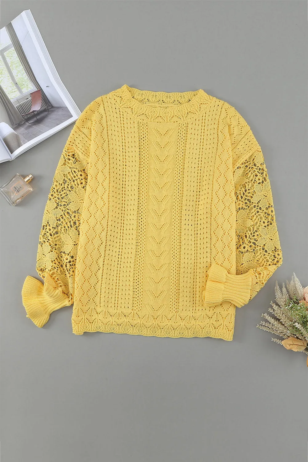 Crochet Lace Pointelle Knit Sweater