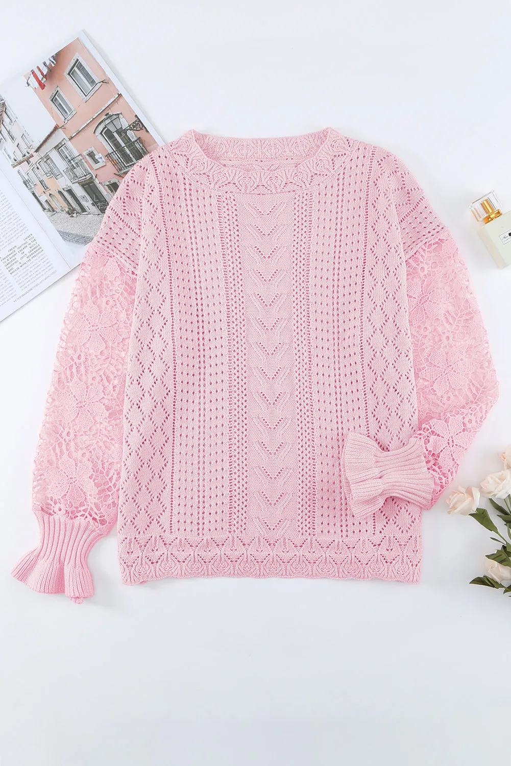 Crochet Lace Pointelle Knit Sweater