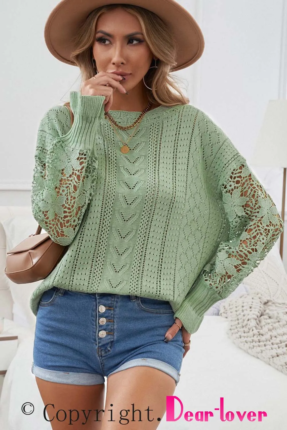 Crochet Lace Pointelle Knit Sweater