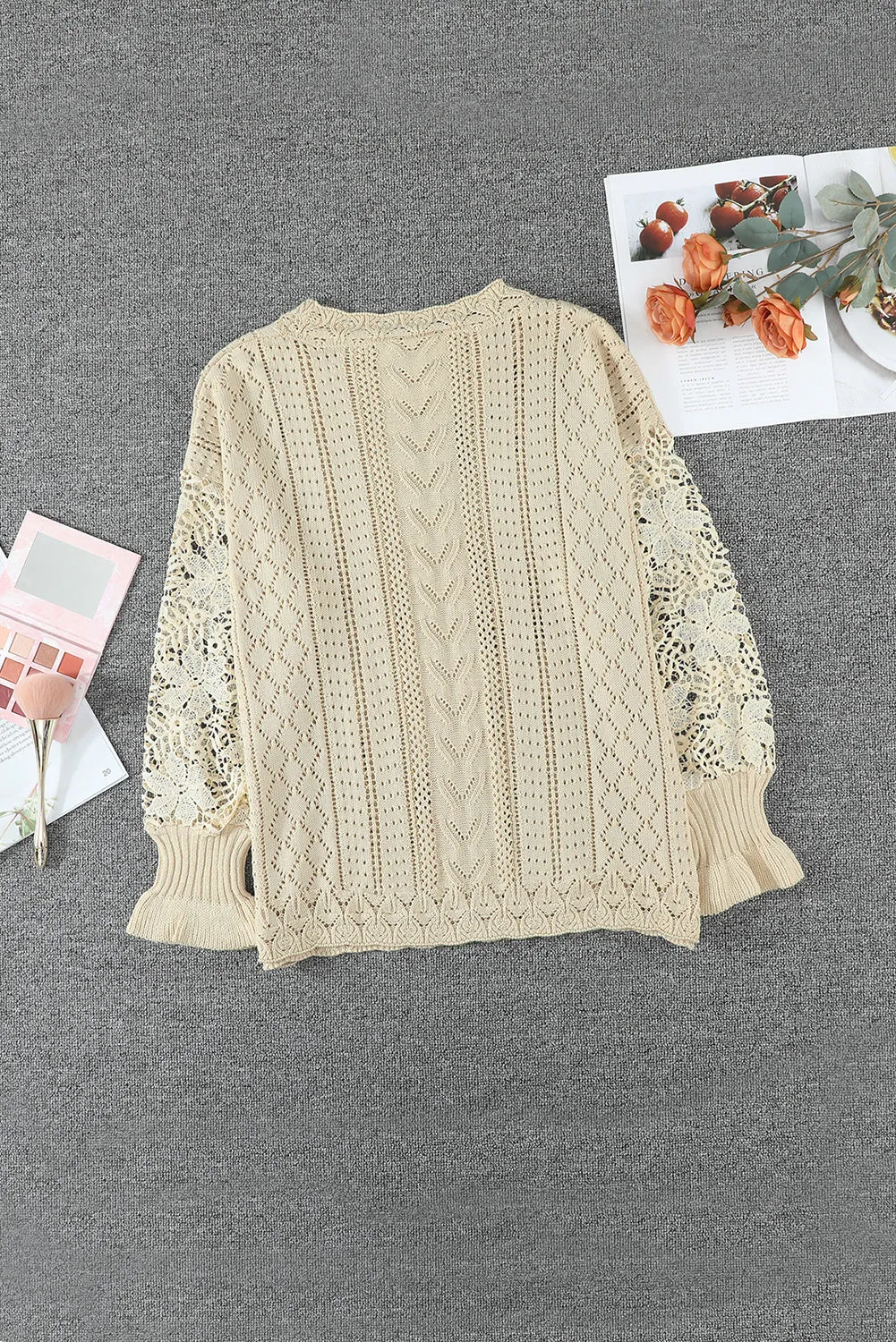 Crochet Lace Pointelle Knit Sweater