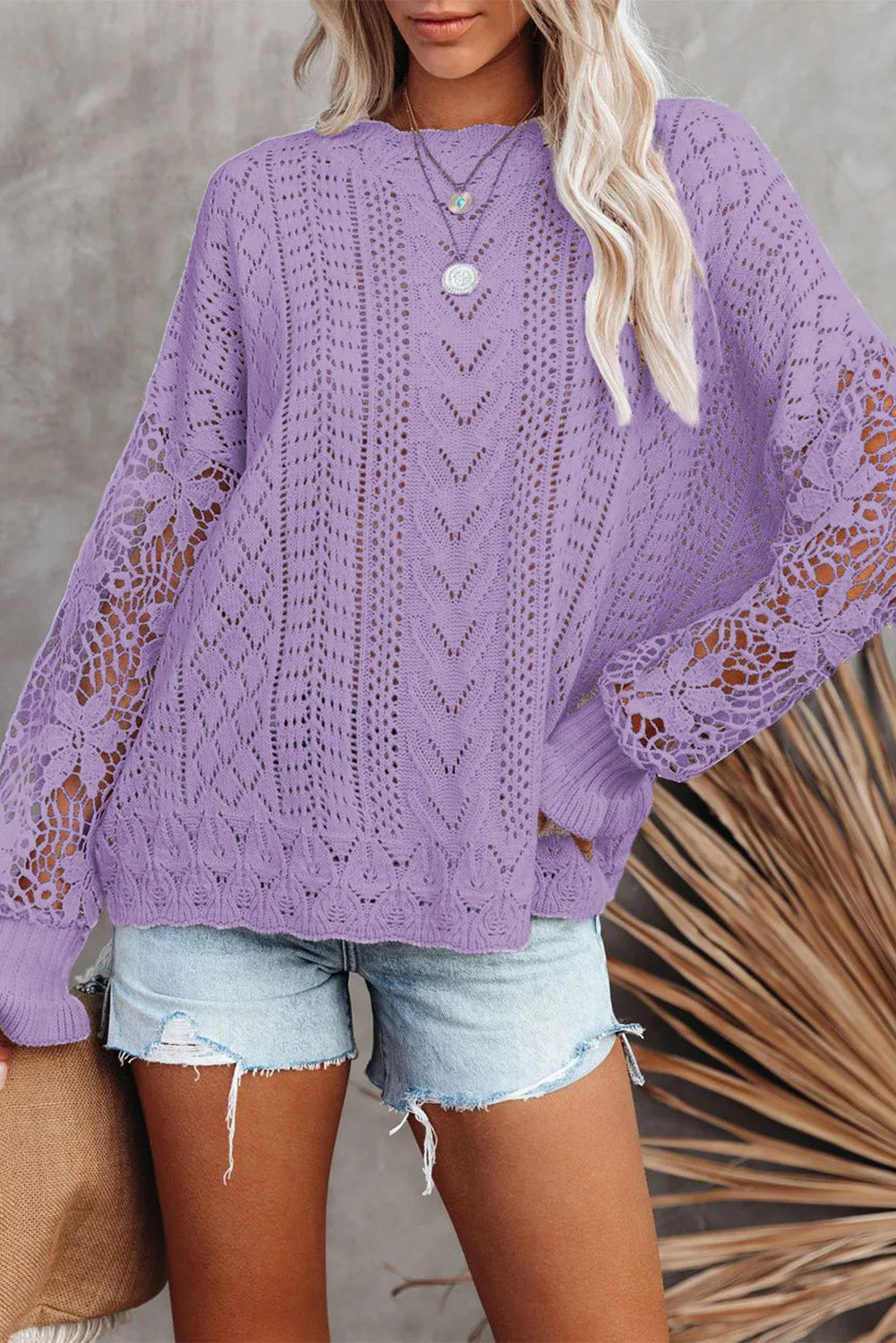 Crochet Lace Pointelle Knit Sweater