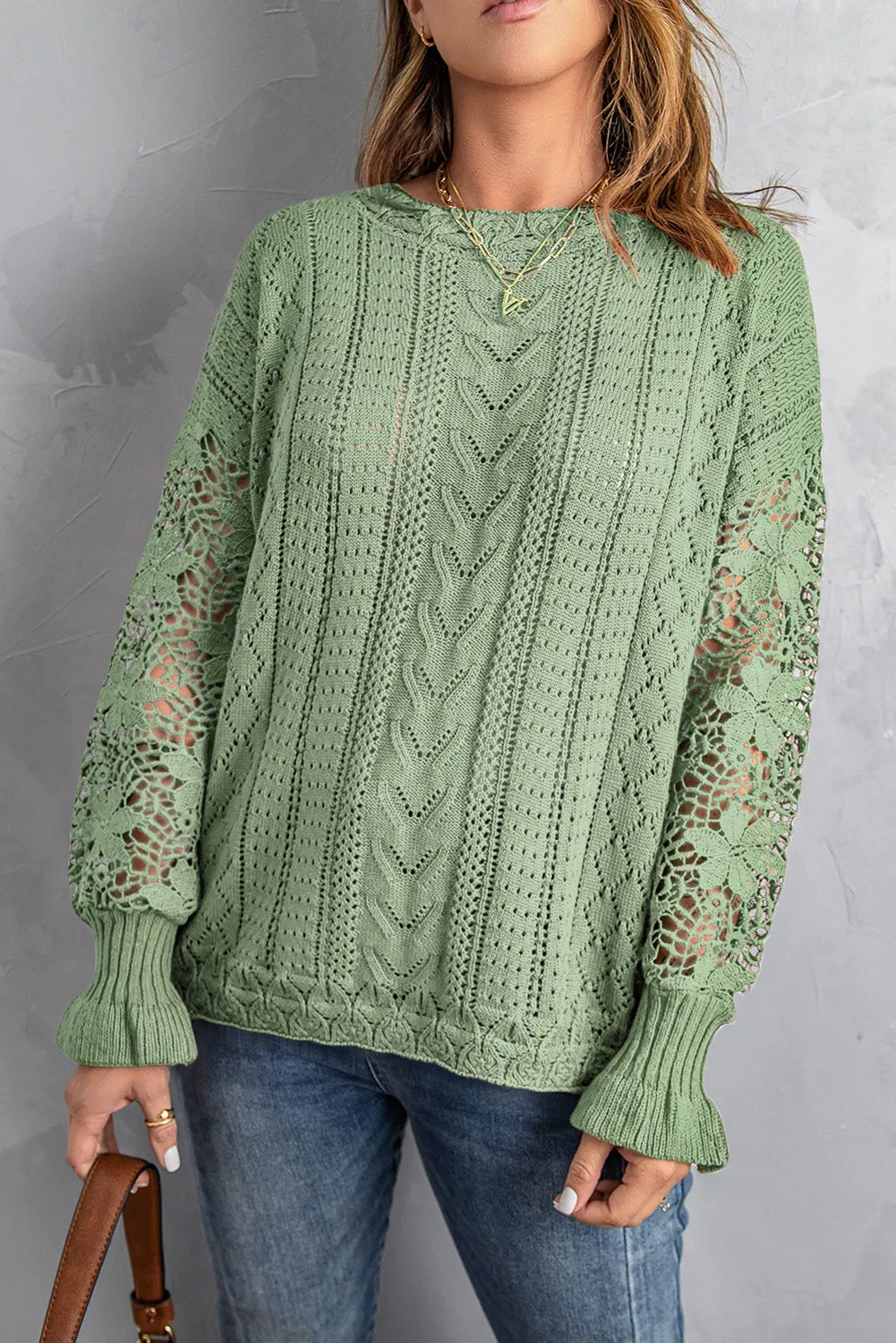 Crochet Lace Pointelle Knit Sweater